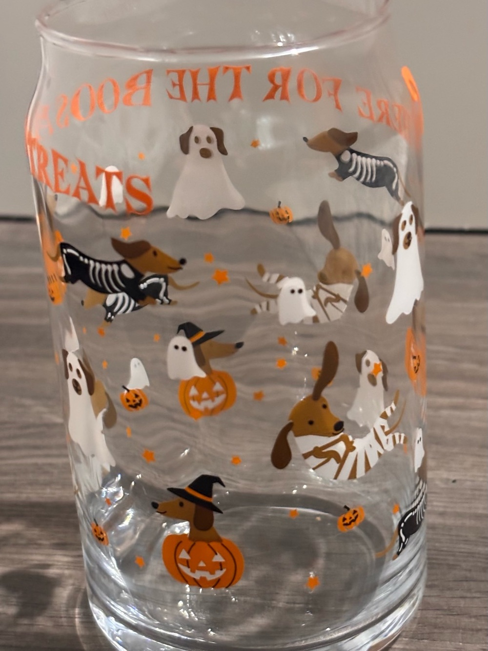 Halloween Dachshund Treats Glass -Orange &White/Here for the Boos and the Treats